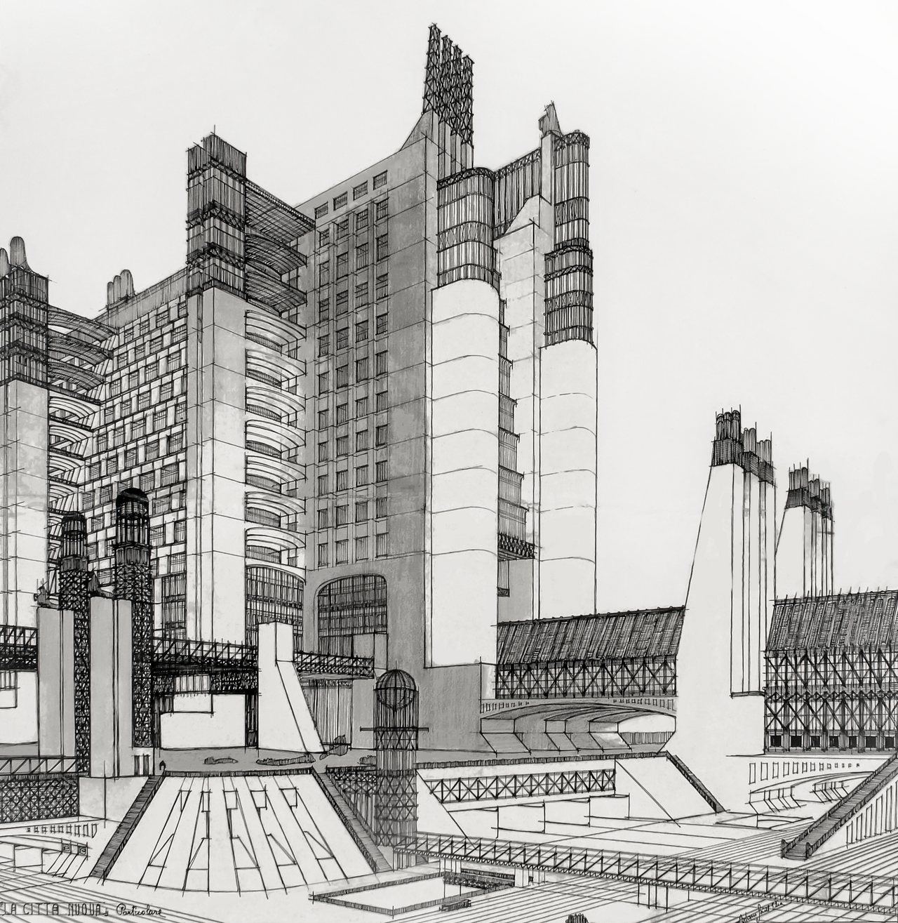 Antonio Sant'Elia's pencil drawing of a futuristic city: massive terraced towers, elevated walkways, steel lattice bridges, and multi-level transit lines